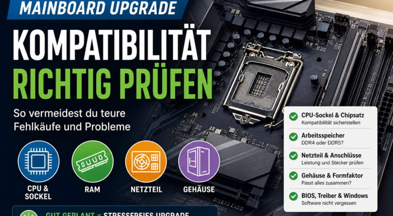Featured Image zum Thema Mainboard-Upgrade mit Hinweisen zu CPU-Sockel, RAM, Netzteil und Kompatibilität beim PC-Aufrüsten