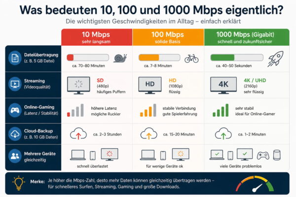 Vergleich von 10, 100 und 1000 Mbps bei Streaming, Gaming und Downloads
