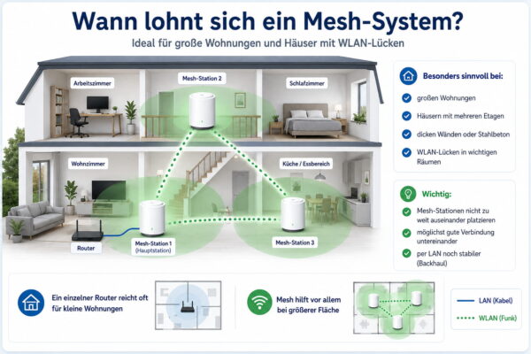 Wann sich ein Mesh-System im Heimnetz lohnt Infografik zu einem Mesh-System im Heimnetz mit mehreren Mesh-Stationen in einem Haus zur besseren WLAN-Abdeckung über mehrere Räume und Etagen