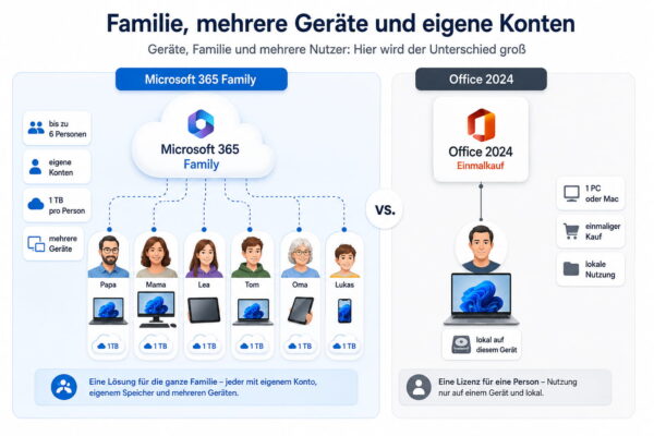 Vergleich von Microsoft 365 Family und Office 2024 für mehrere Geräte, Familienmitglieder und eigene Konten