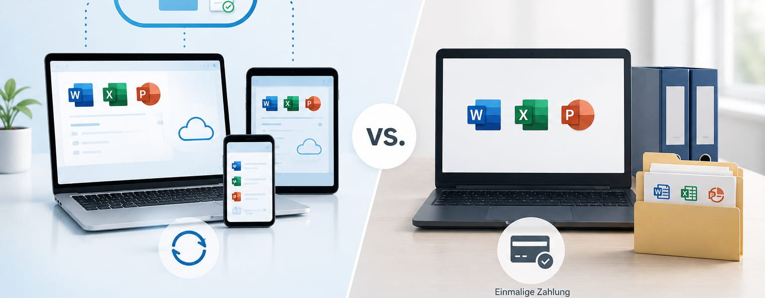 Vergleich zwischen Microsoft 365 als Abo und Office als Einmalkauf mit Cloud, Geräten und lokaler Installation