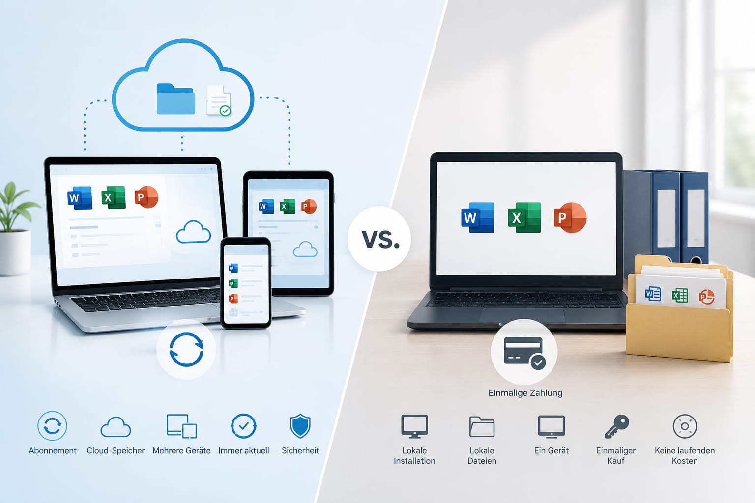 microsoft 365 office vergleich Vergleich zwischen Microsoft 365 als Abo und Office als Einmalkauf mit Cloud, Geräten und lokaler Installation