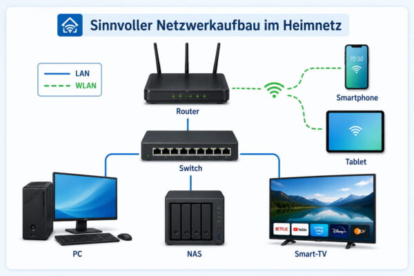 Sinnvoller Netzwerkaufbau im Heimnetz mit Router, Switch und WLAN Infografik zum sinnvollen Netzwerkaufbau im Heimnetz mit Router, Switch, PC, NAS, Smart-TV sowie Smartphone und Tablet per WLAN