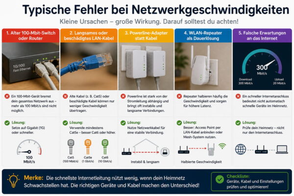 Typische Fehler bei Netzwerkgeschwindigkeiten durch alte Router, Kabel und WLAN-Repeater