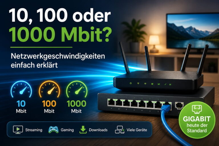 Router und Netzwerk-Switch zum Vergleich von 10, 100 und 1000 Mbit Netzwerkgeschwindigkeiten im Heimnetz
