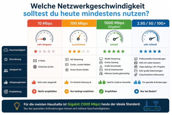 Vergleich von 10, 100 und 1000 Mbit Netzwerkgeschwindigkeiten im Heimnetz