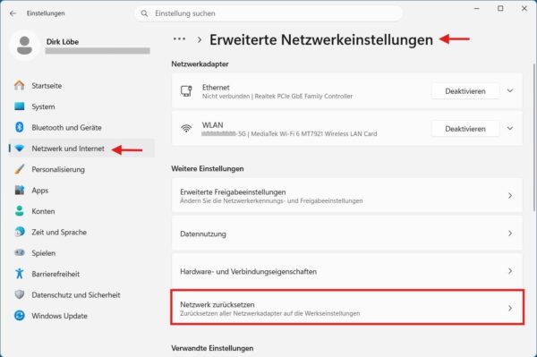 Netzwerk unter Windows 11 über die erweiterten Netzwerkeinstellungen zurücksetzen