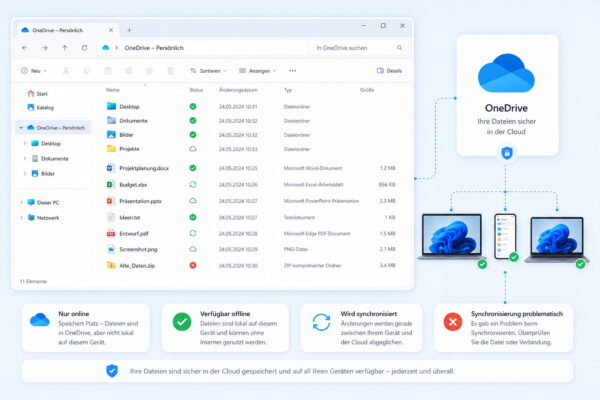 OneDrive Cloud-Synchronisierung unter Windows erklärt OneDrive unter Windows mit Cloud-Synchronisierung, Datei-Statussymbolen und mehreren verbundenen Geräten