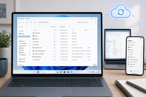 OneDrive-Cloudspeicher auf Laptop, Smartphone und weiterem Gerät mit synchronisierten Dateien