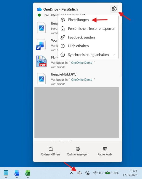 OneDrive-Einstellungen in Windows 11 öffnen OneDrive-Einstellungen unter Windows 11 über das Wolkensymbol in der Taskleiste öffnen