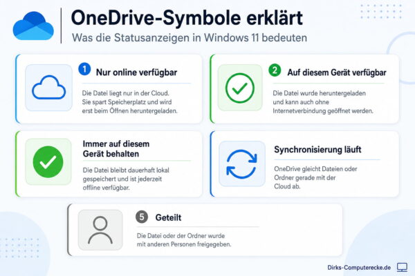 OneDrive-Symbole unter Windows 11 einfach erklärt Infografik erklärt die wichtigsten OneDrive-Symbole unter Windows 11 und ihre Bedeutung