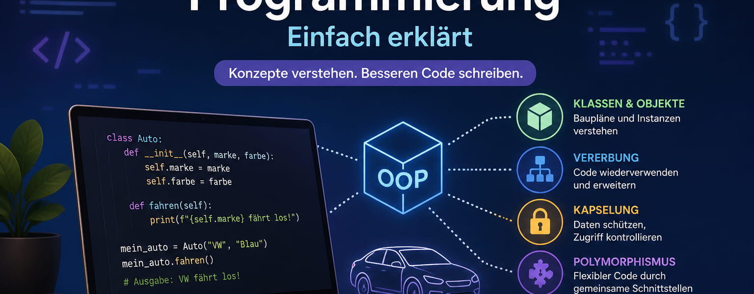Featured Image zur objektorientierten Programmierung mit OOP-Konzepten wie Klassen, Vererbung und Kapselung auf einem Laptop dargestellt