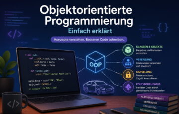 Featured Image zur objektorientierten Programmierung mit OOP-Konzepten wie Klassen, Vererbung und Kapselung auf einem Laptop dargestellt