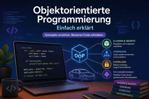 oop erklaert featured Featured Image zur objektorientierten Programmierung mit OOP-Konzepten wie Klassen, Vererbung und Kapselung auf einem Laptop dargestellt
