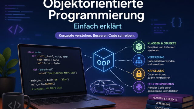 Featured Image zur objektorientierten Programmierung mit OOP-Konzepten wie Klassen, Vererbung und Kapselung auf einem Laptop dargestellt
