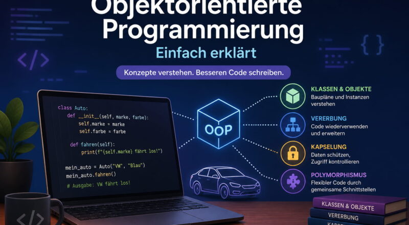 Featured Image zur objektorientierten Programmierung mit OOP-Konzepten wie Klassen, Vererbung und Kapselung auf einem Laptop dargestellt