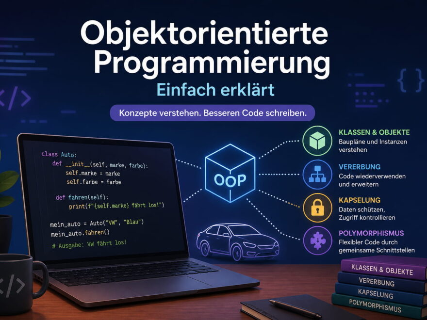 Featured Image zur objektorientierten Programmierung mit OOP-Konzepten wie Klassen, Vererbung und Kapselung auf einem Laptop dargestellt