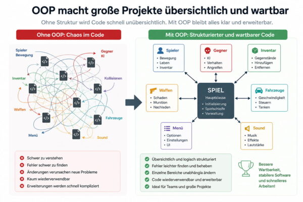 Warum OOP große Softwareprojekte übersichtlicher macht Infografik zeigt den Unterschied zwischen chaotischem Code und strukturierter objektorientierter Programmierung in großen Softwareprojekten