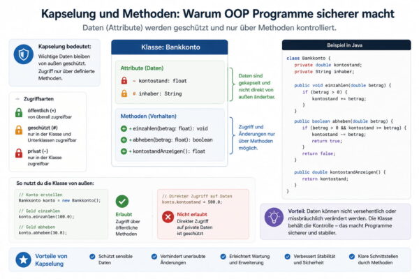 Kapselung in OOP einfach erklärt mit Bankkonto-Beispiel Infografik erklärt Kapselung und Methoden in der objektorientierten Programmierung anhand eines Bankkonto-Beispiels