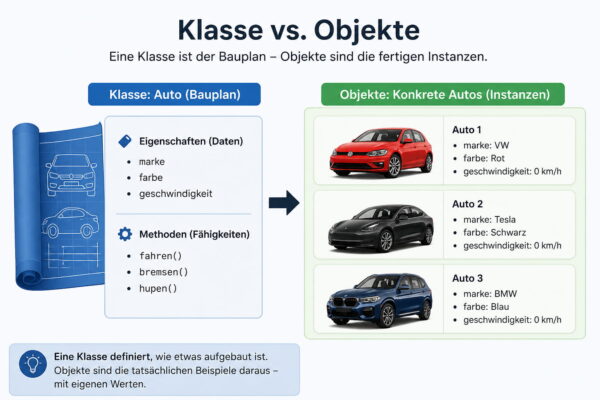 OOP einfach erklärt: Klassen und Objekte verständlich dargestellt Grafik zur objektorientierten Programmierung mit Erklärung von Klassen und Objekten anhand eines Auto-Beispiels