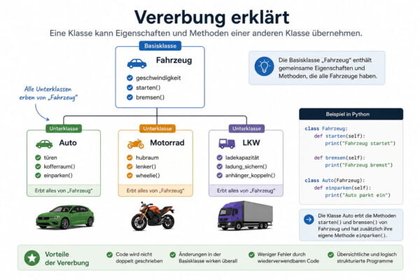 Vererbung in OOP einfach erklärt mit Fahrzeug-Beispiel Grafik erklärt Vererbung in der objektorientierten Programmierung mit Fahrzeug-, Auto-, Motorrad- und LKW-Klassen