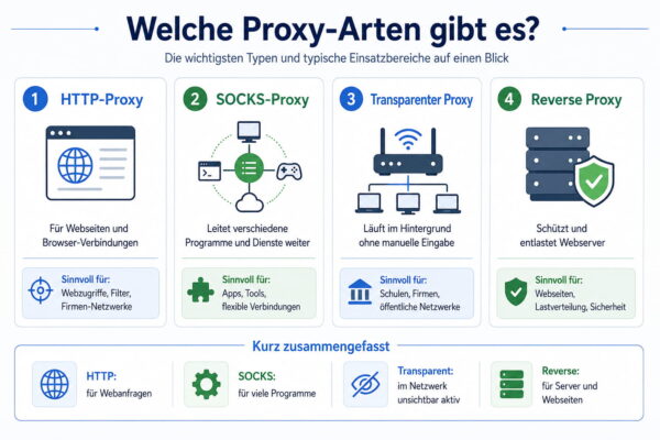 Proxy-Arten und ihre Einsatzbereiche einfach erklärt Infografik erklärt verschiedene Proxy-Arten wie HTTP-Proxy, SOCKS-Proxy, transparenter Proxy und Reverse Proxy