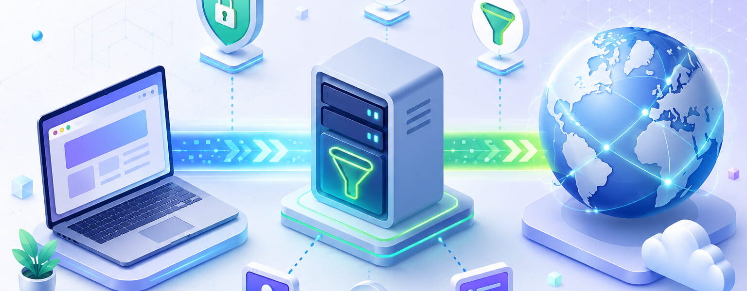 Proxy-Server als Vermittler zwischen Laptop und Internet mit Schutz- und Filterfunktionen