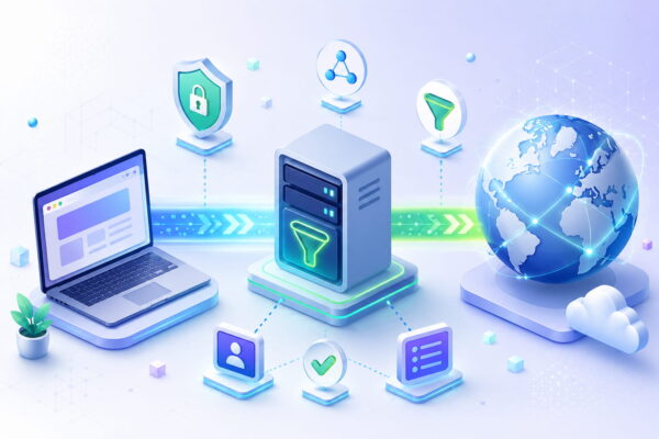 Proxy-Server als Vermittler zwischen Laptop und Internet mit Schutz- und Filterfunktionen