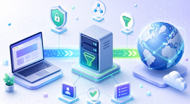 Proxy-Server als Vermittler zwischen Laptop und Internet mit Schutz- und Filterfunktionen