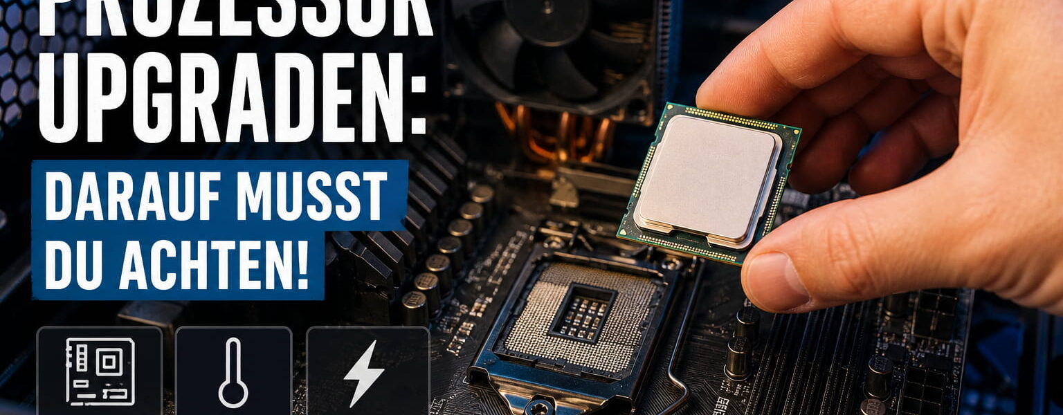 Prozessor-Upgrade auf einem Mainboard mit CPU-Sockel und Kühler im PC-Gehäuse
