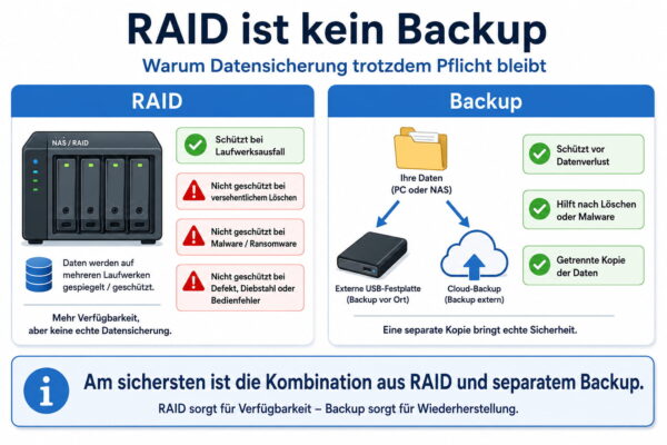 Infografik erklärt, warum RAID kein Backup ersetzt und eine separate Datensicherung wichtig bleibt