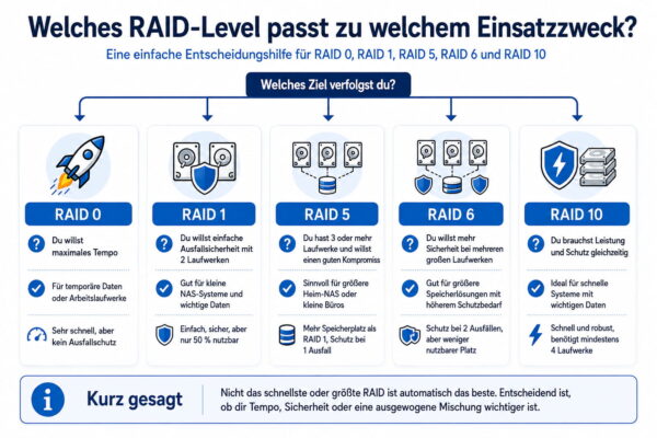 Infografik hilft bei der Auswahl des passenden RAID-Levels für Tempo, Ausfallsicherheit oder Speicherplatz