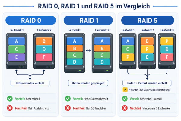 Infografik erklärt RAID 0, RAID 1 und RAID 5 mit Datenverteilung, Spiegelung und Parität