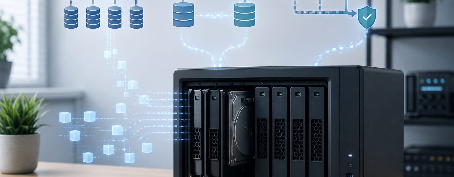 NAS mit mehreren Laufwerken und Datenflüssen als Symbol für RAID, Datenspiegelung und Ausfallsicherheit