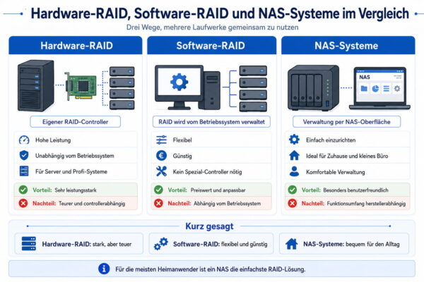 Infografik vergleicht Hardware-RAID, Software-RAID und NAS-Systeme mit Vorteilen und Nachteilen