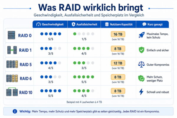 Infografik vergleicht RAID 0, RAID 1, RAID 5, RAID 6 und RAID 10 nach Geschwindigkeit, Ausfallsicherheit und Speicherplatz