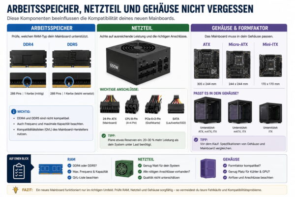 Infografik zu RAM-, Netzteil- und Gehäuse-Kompatibilität beim Mainboard-Upgrade