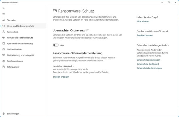 Ransomware-Schutz in der Windows-Sicherheit mit überwachtem Ordnerzugriff