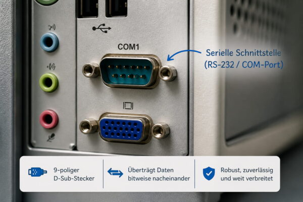 RS-232 COM-Port einer seriellen Schnittstelle Serielle RS-232-Schnittstelle als klassischer COM-Port an einem älteren PC