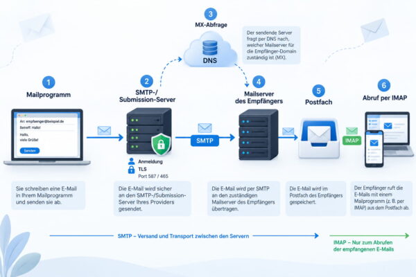 Ablauf einer E-Mail beim Versand über SMTP zwischen Mailprogramm und Mailservern