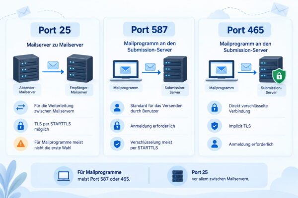 SMTP-Ports 25, 587 und 465 mit ihren unterschiedlichen Aufgaben