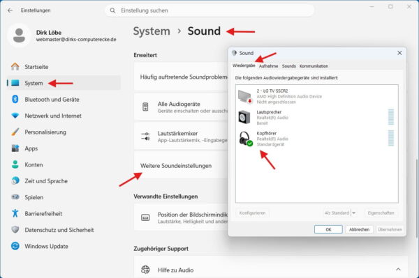 Klassische Soundeinstellungen in Windows 11 mit Kopfhörer als Wiedergabegerät