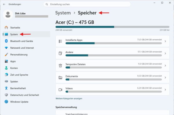Speicherplatz in Windows 11 prüfen, um mögliche Ursachen für den Fehler 0x80070057 zu finden