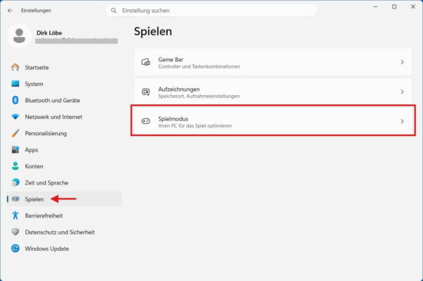 Windows 11 Einstellungen mit markiertem Spielemodus zur Optimierung für Gaming