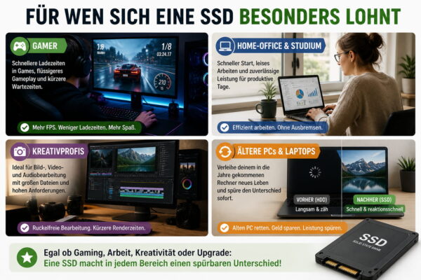Infografik zeigt, für welche Nutzer sich eine SSD besonders lohnt – Gaming, Homeoffice, Kreativarbeit und ältere PCs