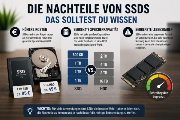 Infografik zu den Nachteilen von SSD-Festplatten wie höhere Kosten, begrenzte Speichergrößen und Schreibzyklen