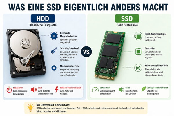 Infografik zum technischen Unterschied zwischen HDD und SSD mit Vergleich von Aufbau, Geschwindigkeit und Funktionsweise