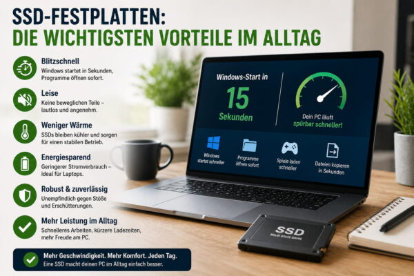 Die wichtigsten Vorteile von SSD-Festplatten im Alltag wie schnelle Ladezeiten, leiser Betrieb und geringer Stromverbrauch