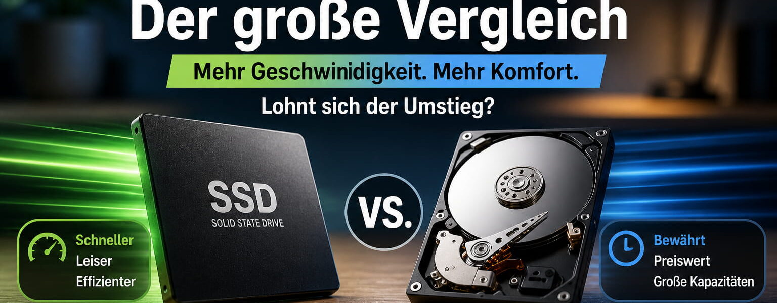 SSD vs HDD Vergleich mit Vorteilen moderner SSD-Festplatten bei Geschwindigkeit, Lautstärke und Alltagseinsatz