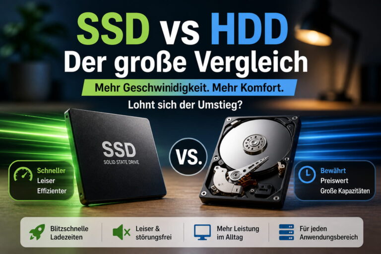 SSD vs HDD Vergleich mit Vorteilen moderner SSD-Festplatten bei Geschwindigkeit, Lautstärke und Alltagseinsatz